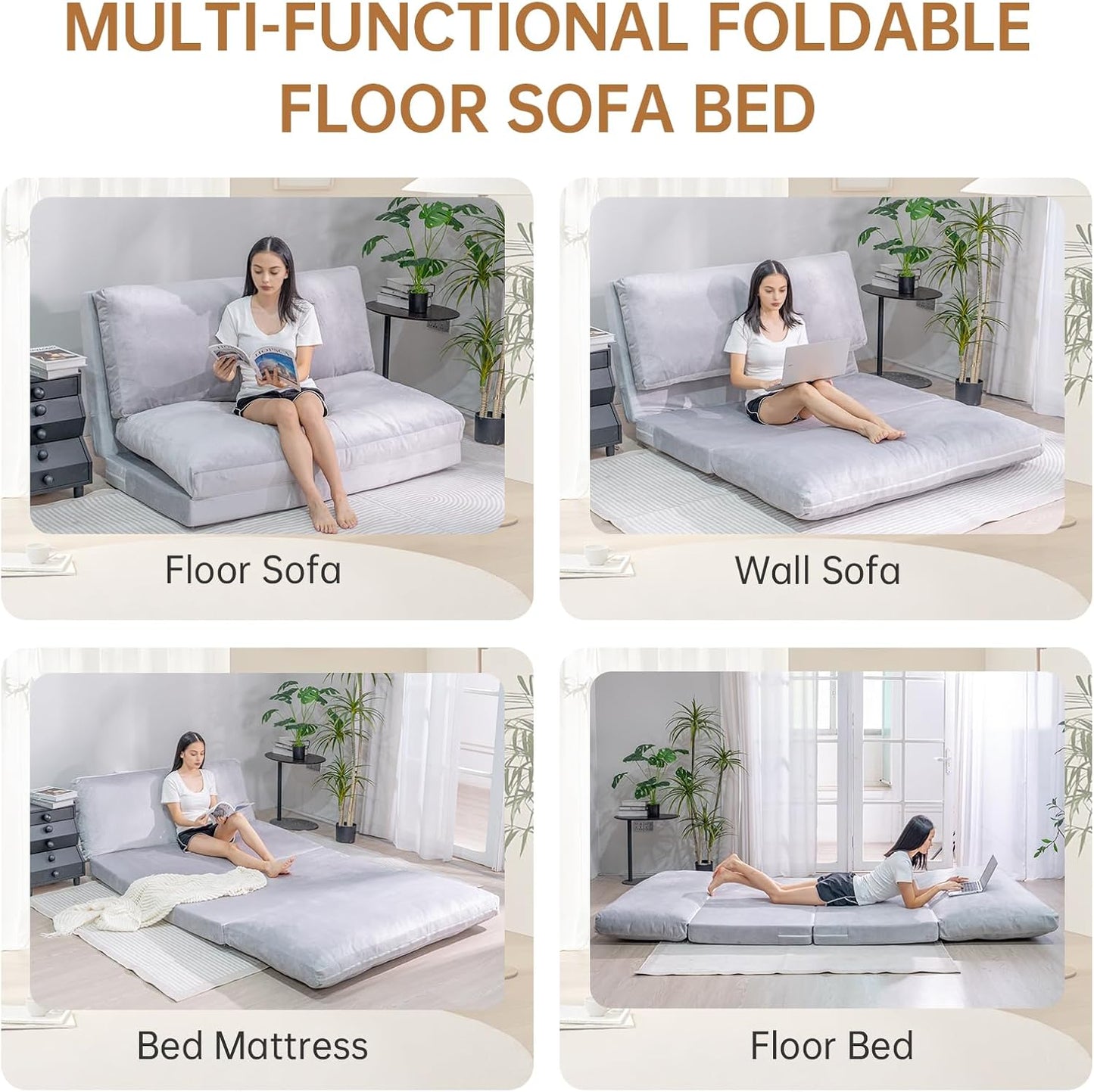 3-in-1 Folding Sofa Bed with Pillow, Memory Foam Bean Bag Chair, Large Convertible Couch for Adults Play Together, Bedroom, Living Room, Apartment(Beige)