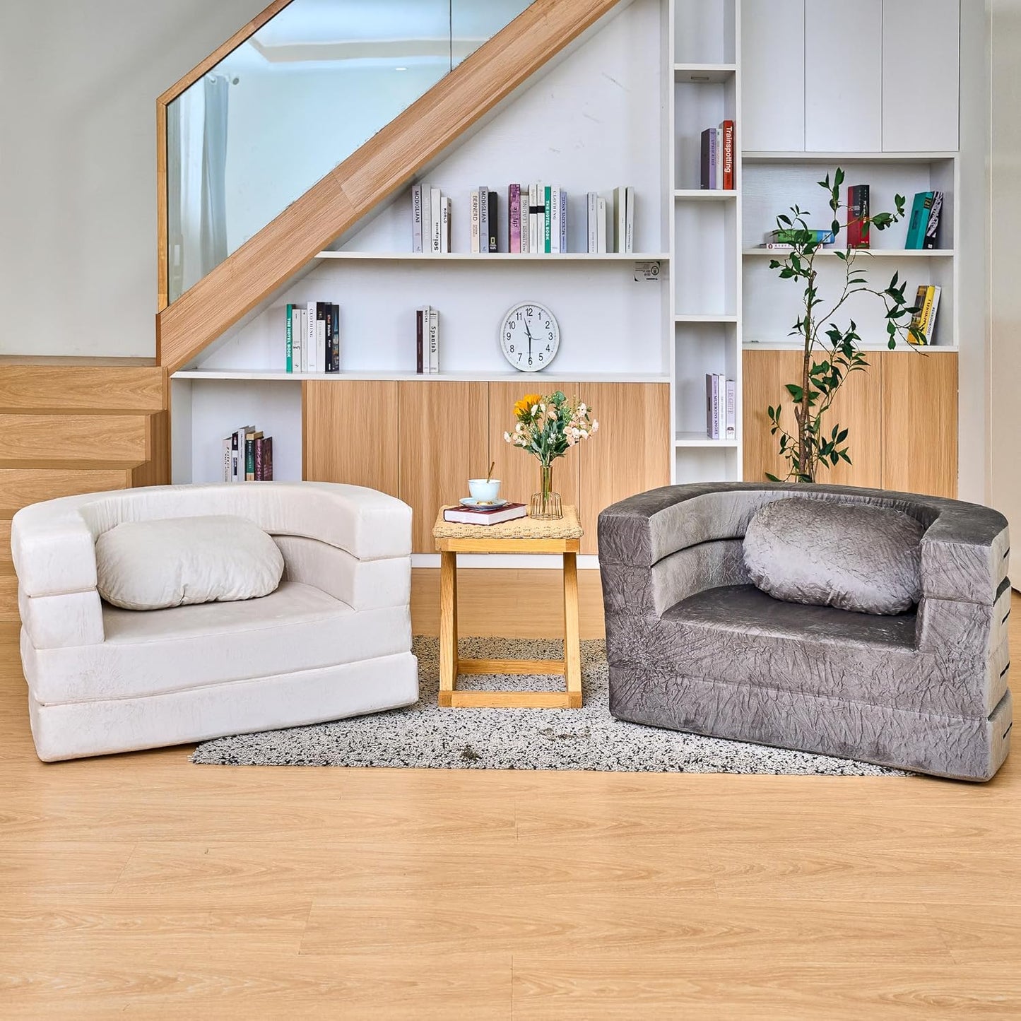 3-in-1 Folding Sofa Bed with Pillow, Memory Foam Bean Bag Chair, Large Convertible Couch for Adults Play Together, Bedroom, Living Room, Apartment(Beige)