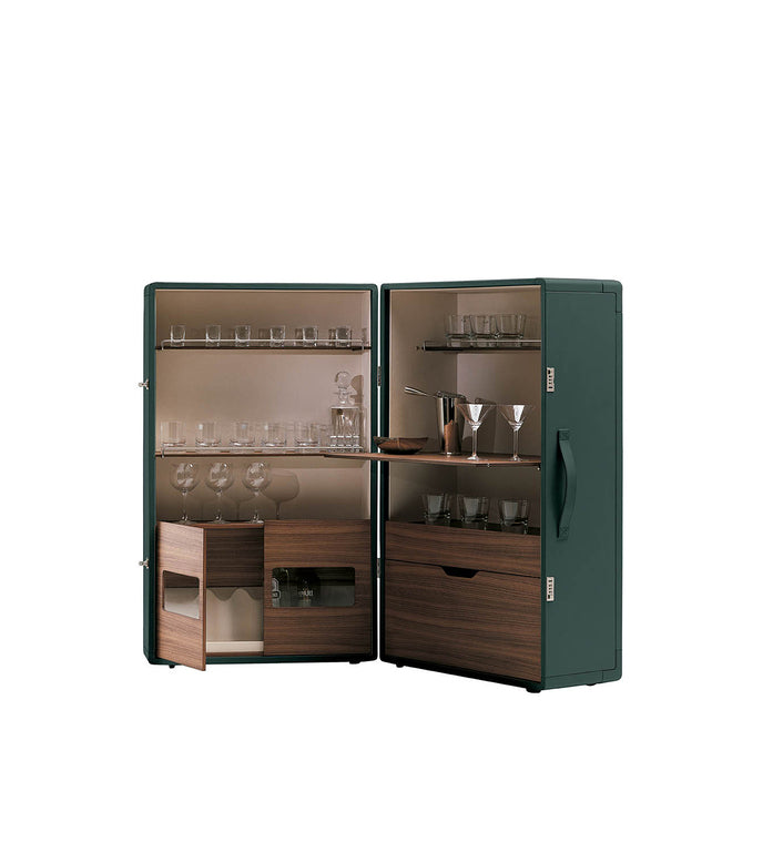 Elegant Leather & Wood Mobile Bar Cabinet with Fold-Out Shelf