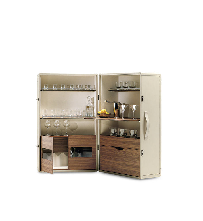 Elegant Leather & Wood Mobile Bar Cabinet with Fold-Out Shelf