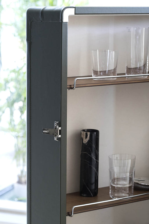 Elegant Leather & Wood Mobile Bar Cabinet with Fold-Out Shelf
