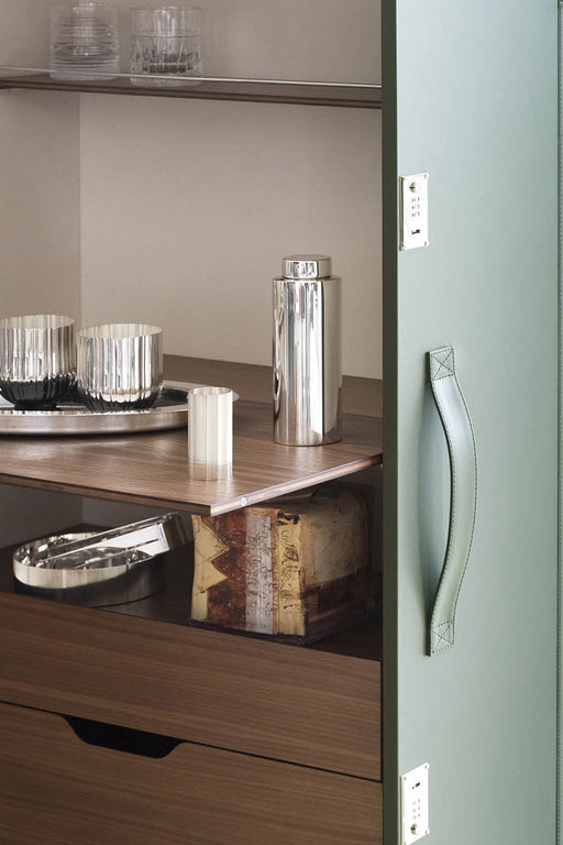 Elegant Leather & Wood Mobile Bar Cabinet with Fold-Out Shelf