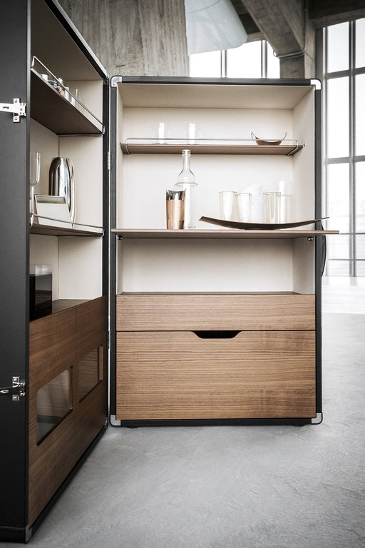 Elegant Leather & Wood Mobile Bar Cabinet with Fold-Out Shelf