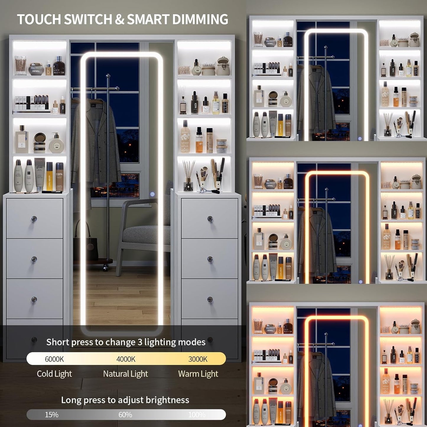 LED Vanity with Mirror, Lights & Storage