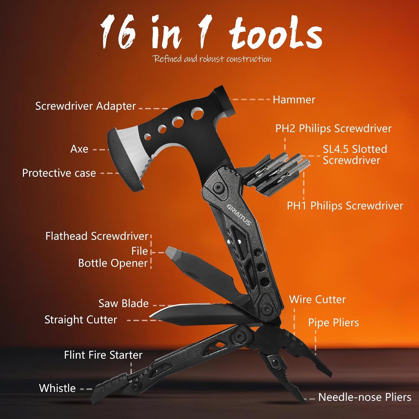 🔧 16-in-1 Multitool Camping Axe | Knife · Pliers · Fire Starter · Portable Case 🔥