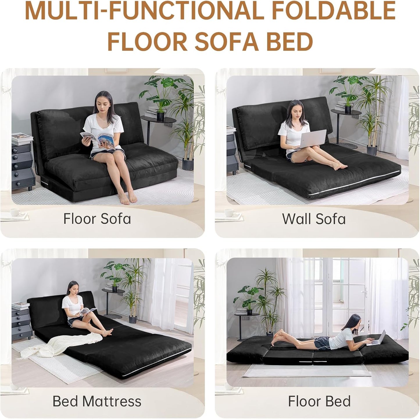3-in-1 Folding Sofa Bed with Pillow, Memory Foam Bean Bag Chair, Large Convertible Couch for Adults Play Together, Bedroom, Living Room, Apartment(Beige)