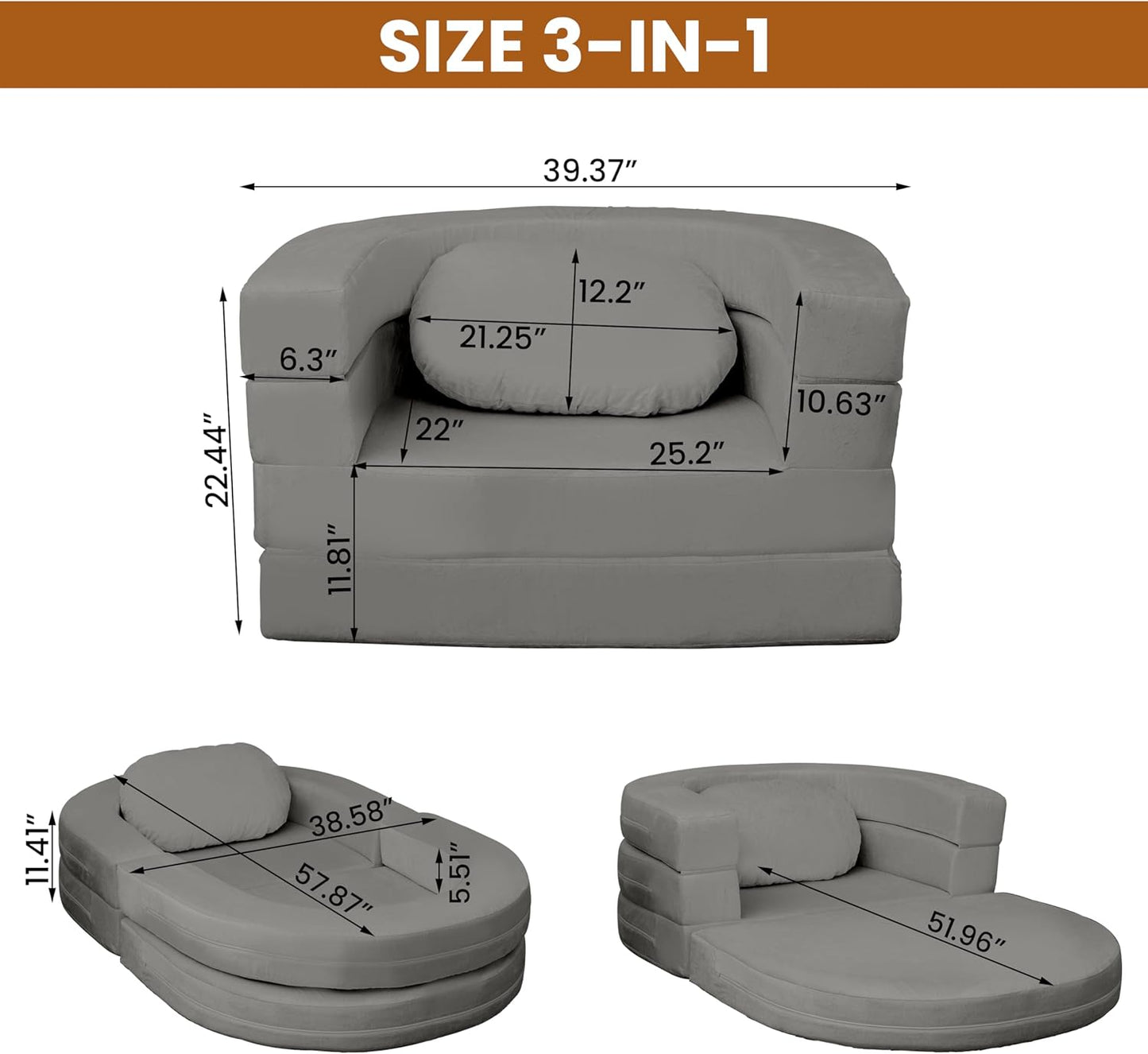 3-in-1 Folding Sofa Bed with Pillow, Memory Foam Bean Bag Chair, Large Convertible Couch for Adults Play Together, Bedroom, Living Room, Apartment(Beige)