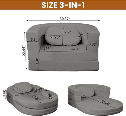 3-in-1 Folding Sofa Bed with Pillow, Memory Foam Bean Bag Chair, Large Convertible Couch for Adults Play Together, Bedroom, Living Room, Apartment(Beige)
