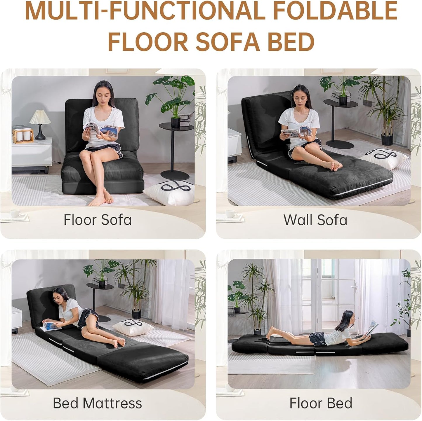 3-in-1 Folding Sofa Bed with Pillow, Memory Foam Bean Bag Chair, Large Convertible Couch for Adults Play Together, Bedroom, Living Room, Apartment(Beige)