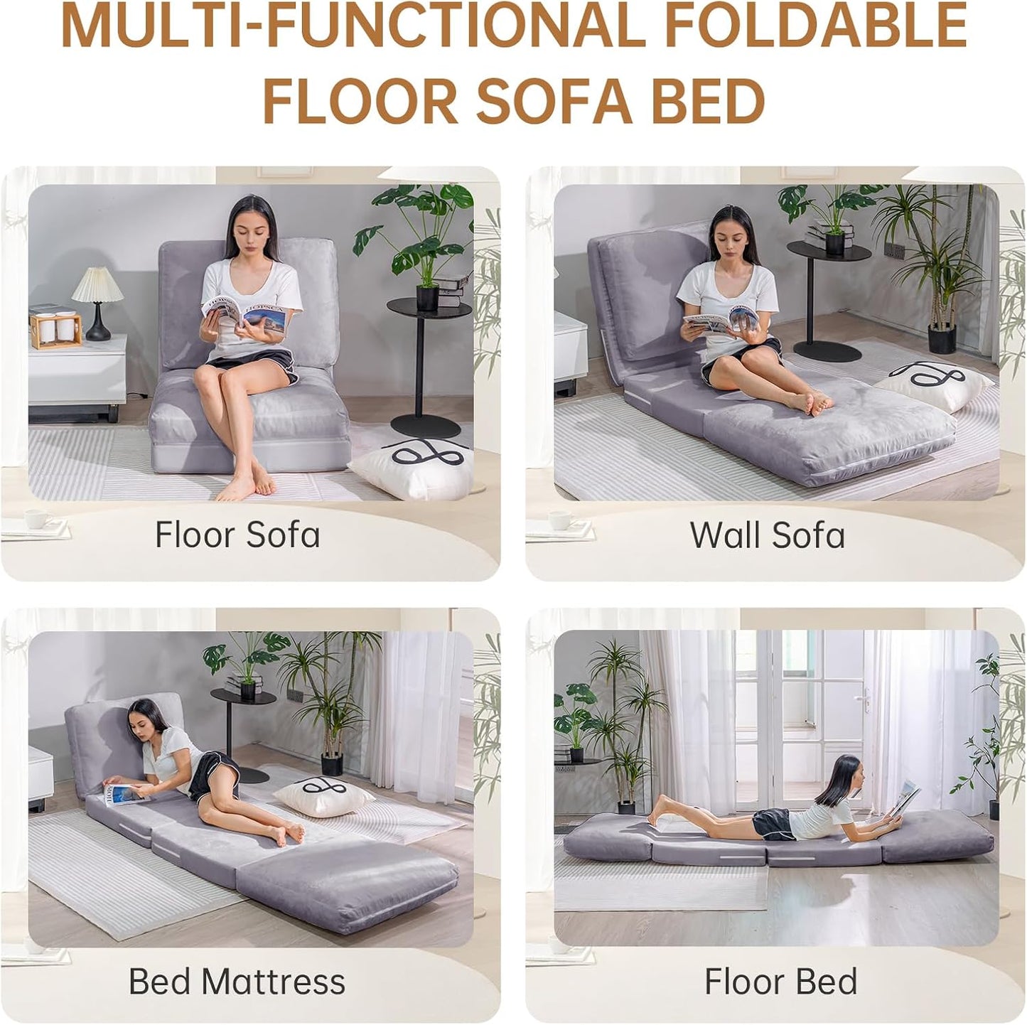 3-in-1 Folding Sofa Bed with Pillow, Memory Foam Bean Bag Chair, Large Convertible Couch for Adults Play Together, Bedroom, Living Room, Apartment(Beige)