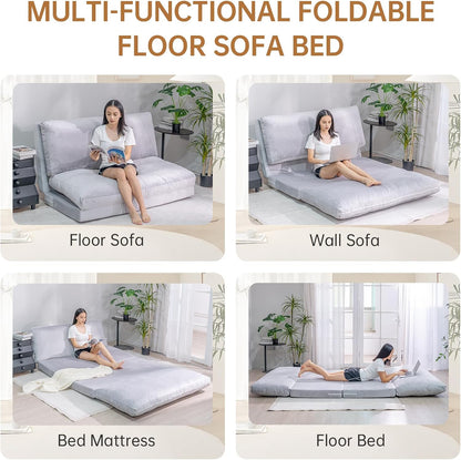 3-in-1 Folding Sofa Bed with Pillow, Memory Foam Bean Bag Chair, Large Convertible Couch for Adults Play Together, Bedroom, Living Room, Apartment(Beige)