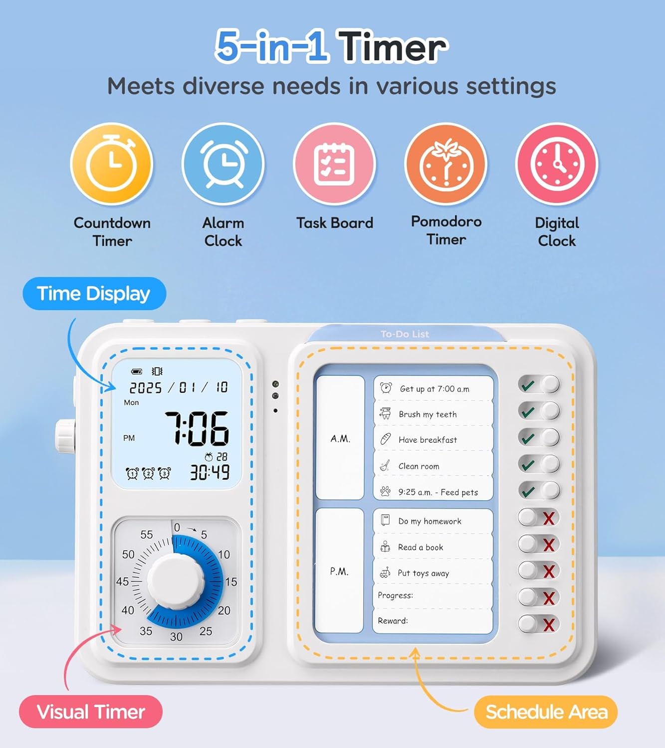 ⏰ 3-in-1 Visual Timer for Kids & Adults | Focus Booster · Chore Chart · Silent Countdown