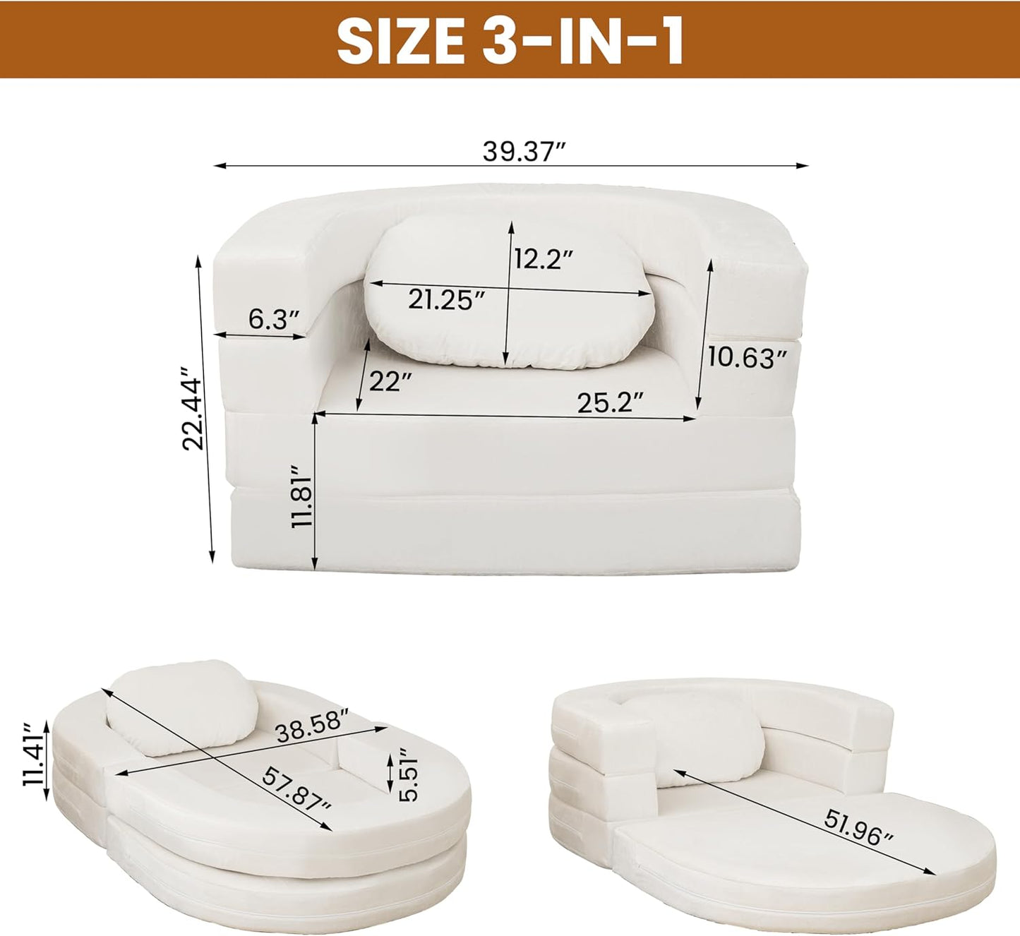 3-in-1 Folding Sofa Bed with Pillow, Memory Foam Bean Bag Chair, Large Convertible Couch for Adults Play Together, Bedroom, Living Room, Apartment(Beige)