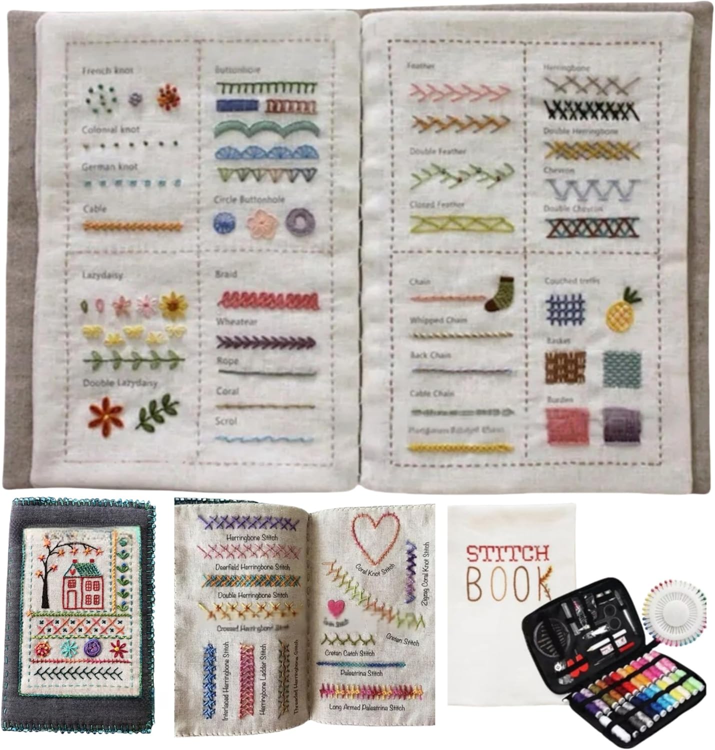 🧵 Embroidery Stitch Book Kit | 86–106 Stitches · Linen Fabric · Beginner-Friendly 🎨