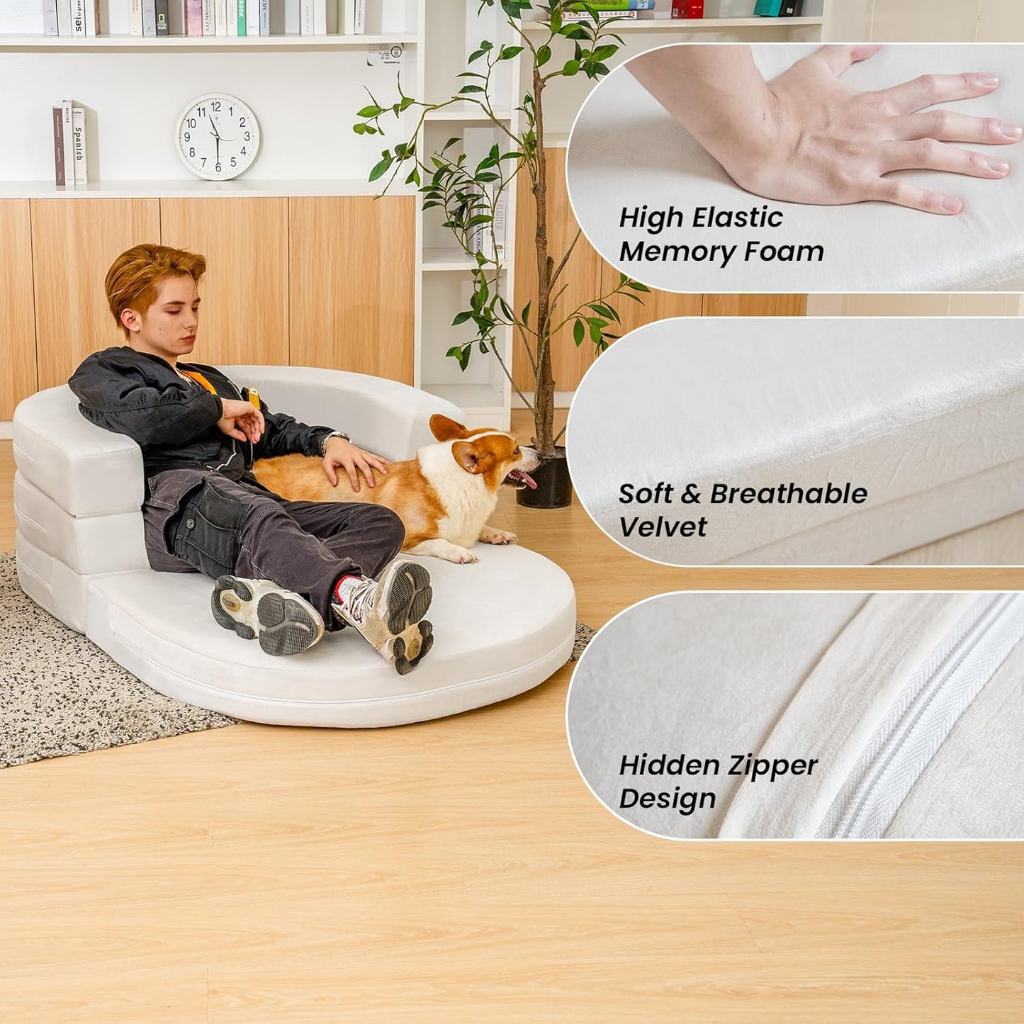 3-in-1 Folding Sofa Bed with Pillow, Memory Foam Bean Bag Chair, Large Convertible Couch for Adults Play Together, Bedroom, Living Room, Apartment(Beige)