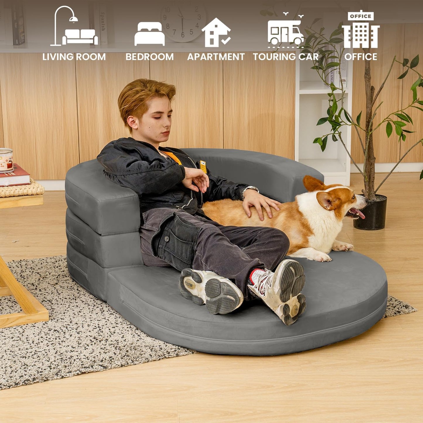 3-in-1 Folding Sofa Bed with Pillow, Memory Foam Bean Bag Chair, Large Convertible Couch for Adults Play Together, Bedroom, Living Room, Apartment(Beige)