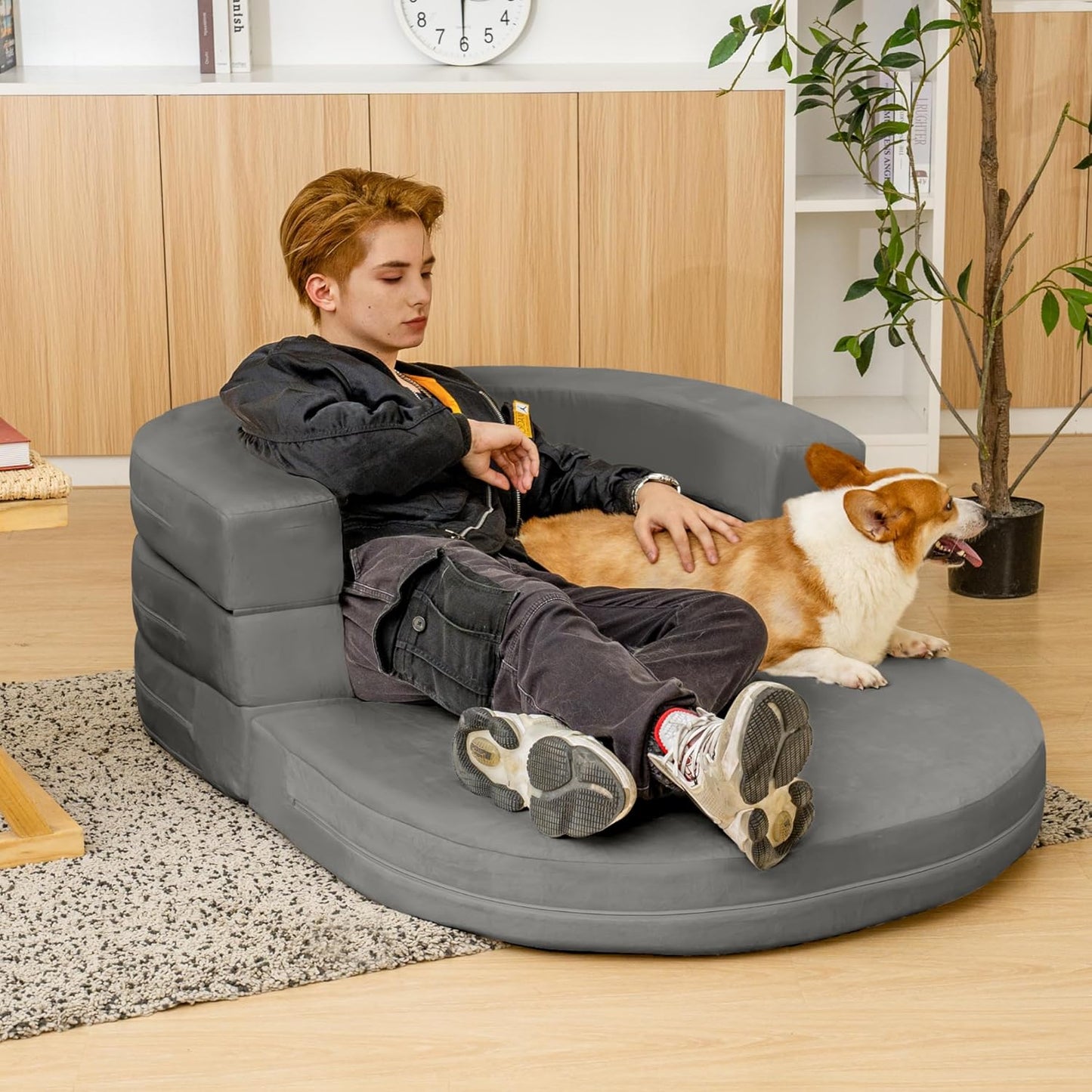 3-in-1 Folding Sofa Bed with Pillow, Memory Foam Bean Bag Chair, Large Convertible Couch for Adults Play Together, Bedroom, Living Room, Apartment(Beige)