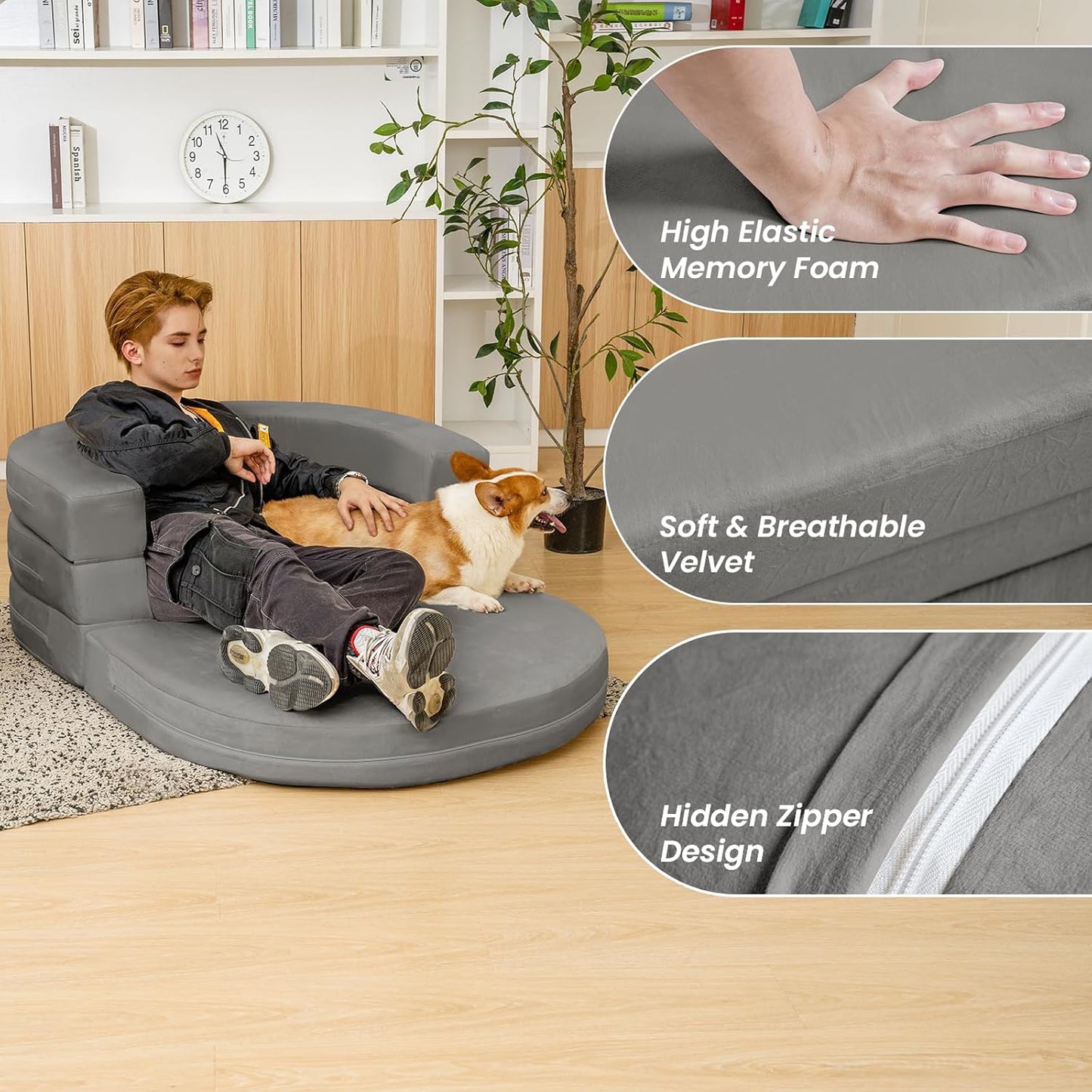 3-in-1 Folding Sofa Bed with Pillow, Memory Foam Bean Bag Chair, Large Convertible Couch for Adults Play Together, Bedroom, Living Room, Apartment(Beige)