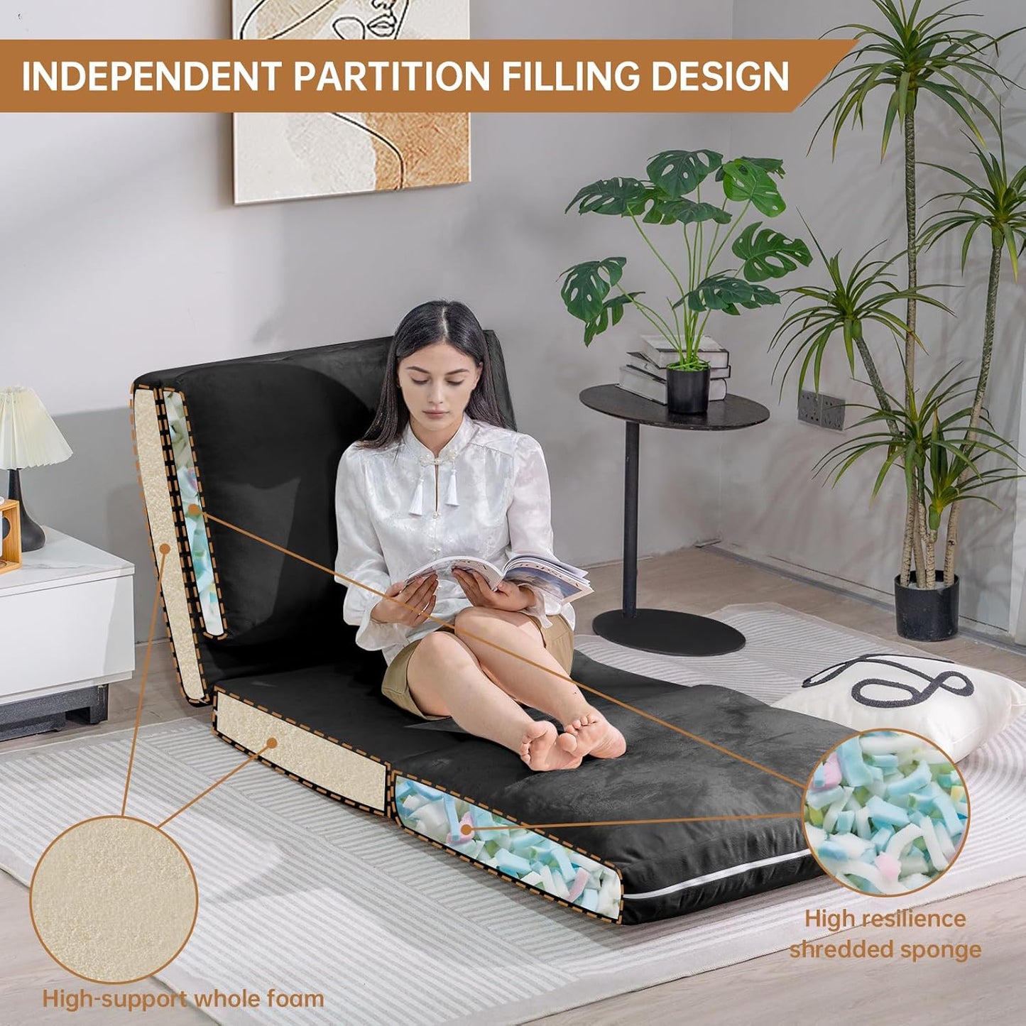 3-in-1 Folding Sofa Bed with Pillow, Memory Foam Bean Bag Chair, Large Convertible Couch for Adults Play Together, Bedroom, Living Room, Apartment(Beige)