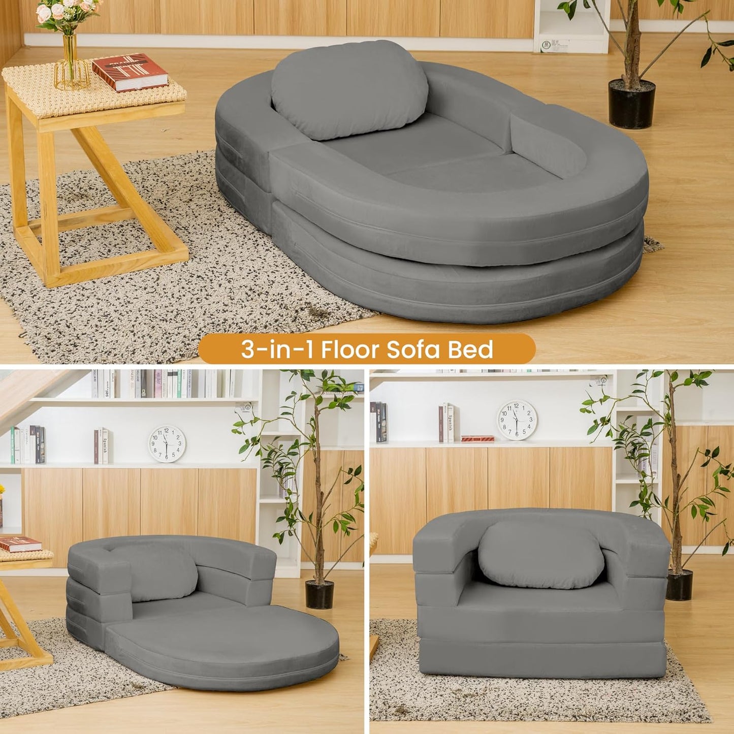 3-in-1 Folding Sofa Bed with Pillow, Memory Foam Bean Bag Chair, Large Convertible Couch for Adults Play Together, Bedroom, Living Room, Apartment(Beige)