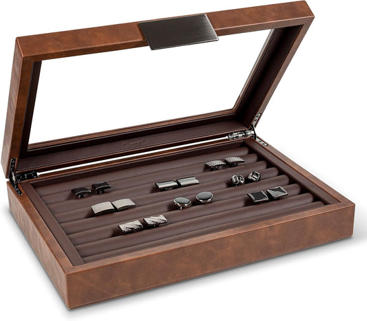 💼 Faux Leather Cufflink Display Box | Holds 70 Cufflinks · Glass Lid · Elegant Storage 📦