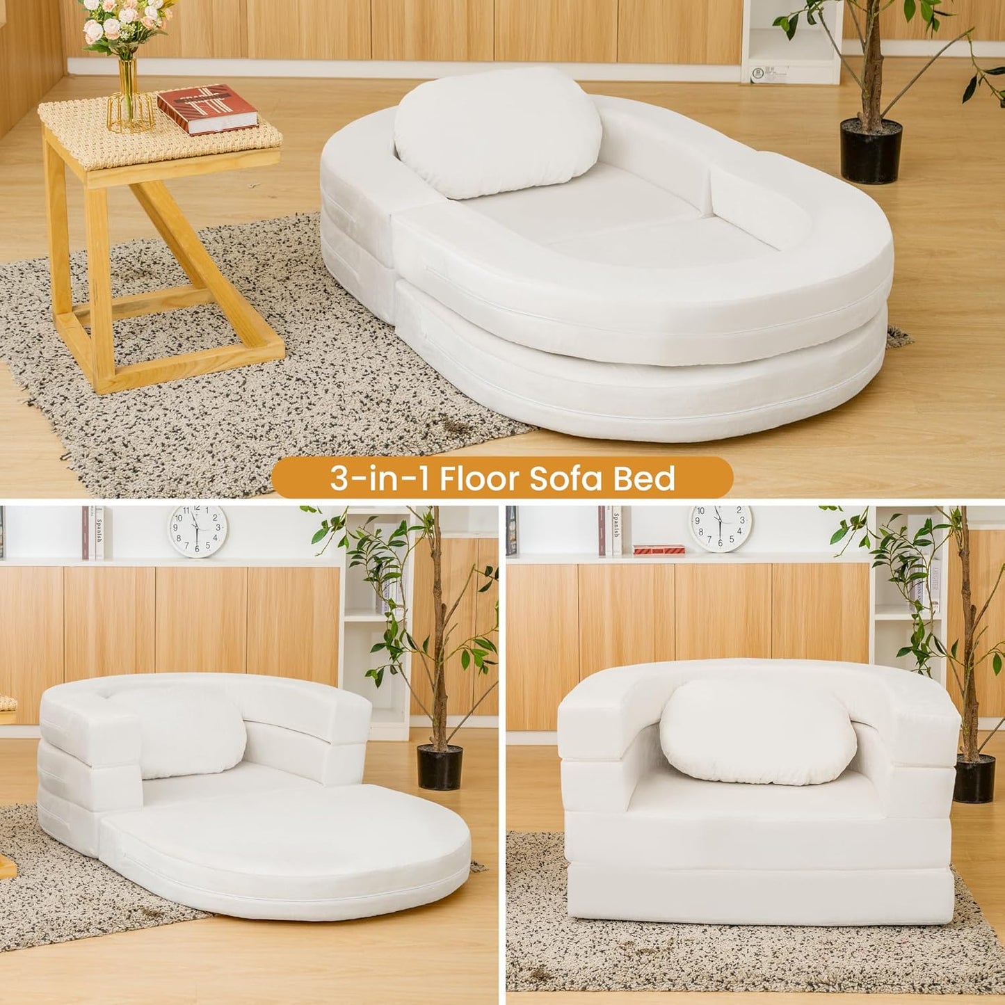 3-in-1 Folding Sofa Bed with Pillow, Memory Foam Bean Bag Chair, Large Convertible Couch for Adults Play Together, Bedroom, Living Room, Apartment(Beige)