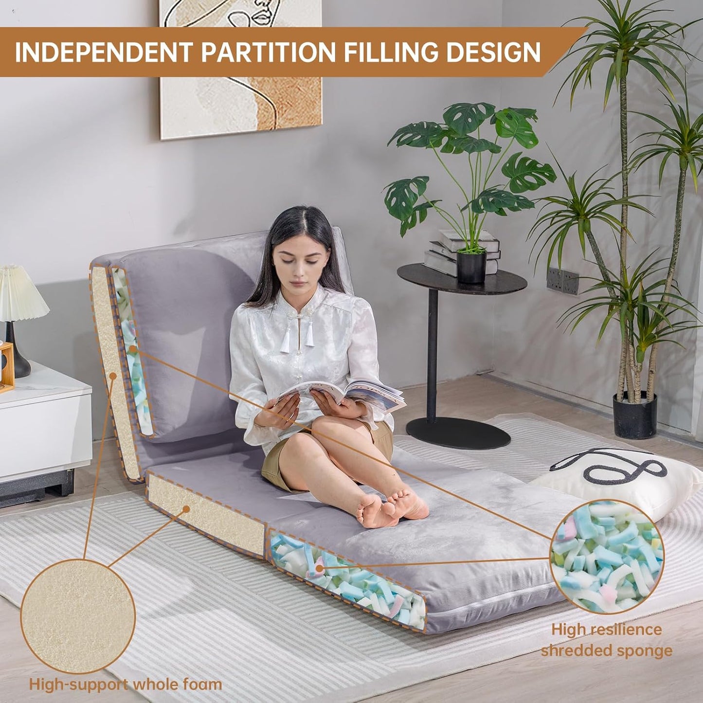 3-in-1 Folding Sofa Bed with Pillow, Memory Foam Bean Bag Chair, Large Convertible Couch for Adults Play Together, Bedroom, Living Room, Apartment(Beige)