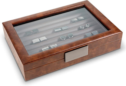 💼 Faux Leather Cufflink Display Box | Holds 70 Cufflinks · Glass Lid · Elegant Storage 📦