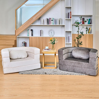 3-in-1 Folding Sofa Bed with Pillow, Memory Foam Bean Bag Chair, Large Convertible Couch for Adults Play Together, Bedroom, Living Room, Apartment(Beige)