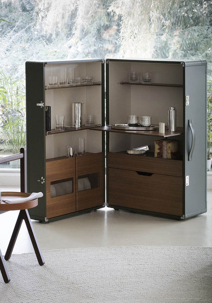 Elegant Leather & Wood Mobile Bar Cabinet with Fold-Out Shelf